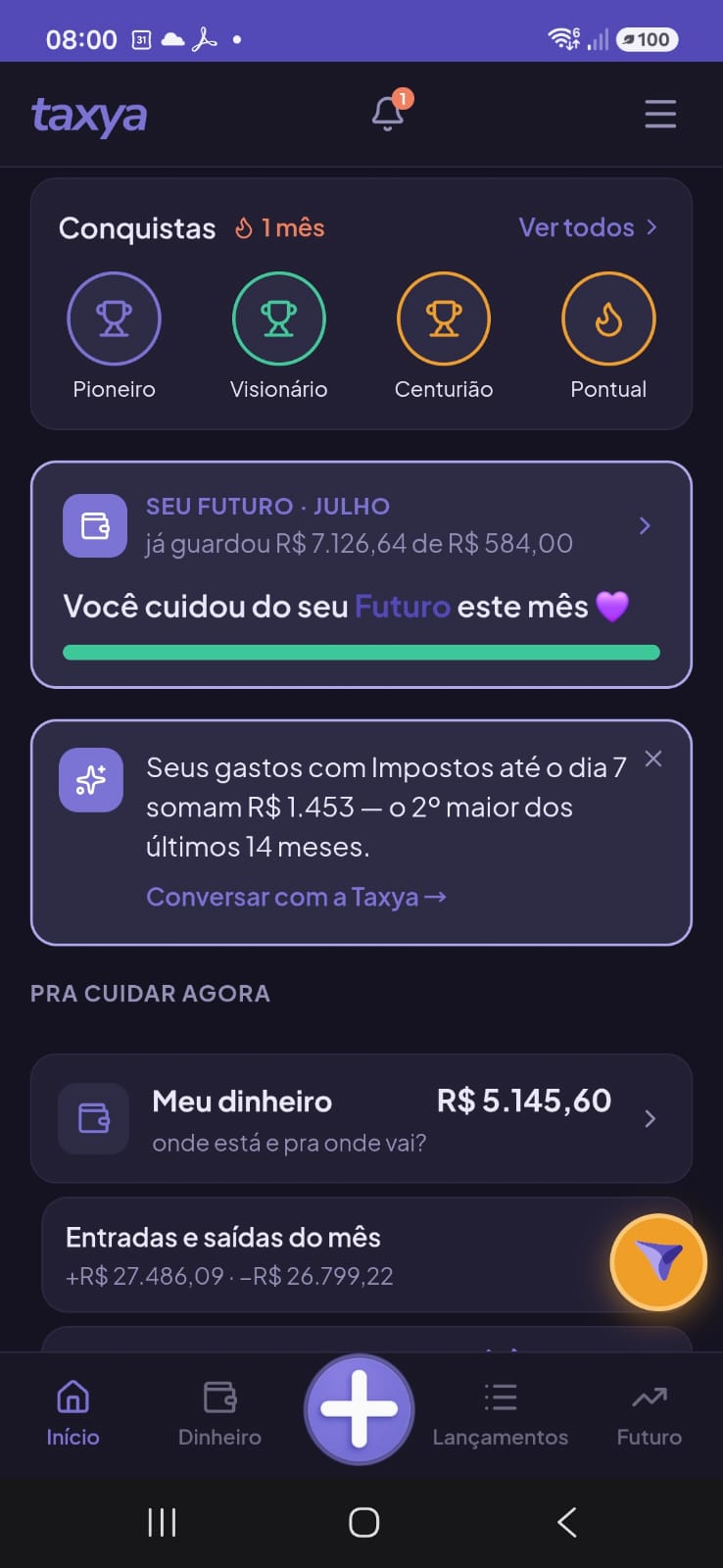 Tela do app Taxya mostrando o panorama financeiro